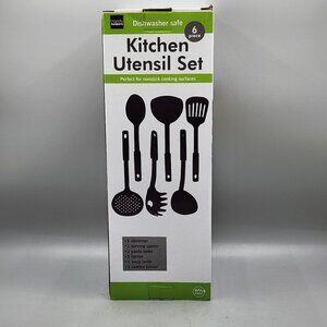 New 6 Piece Kitchen Utensil Set Plastic Nylon Non Scratch Cooking Black